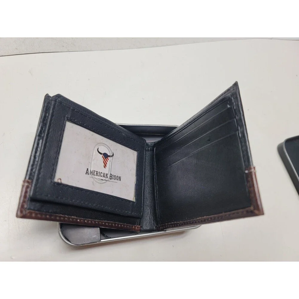 American Bison Men’s Black Brown Genuine Leather Bifold Wallet New